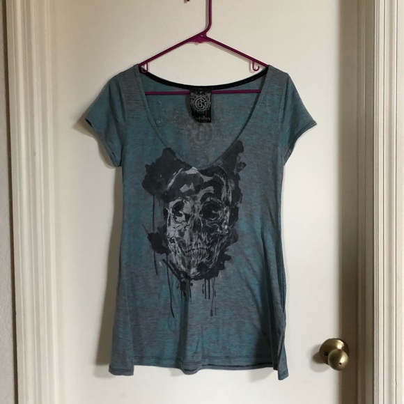 Crash n Burn Teal/Grey Skull V-Neck T-Shirt - Picture 2 of 7